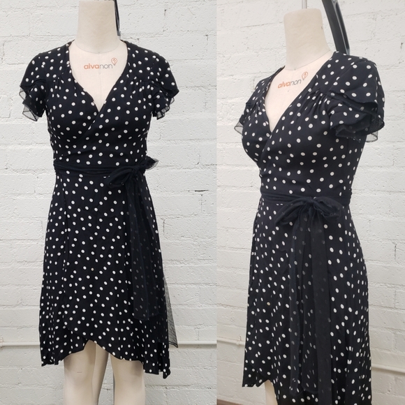 Black 40s style polka dot wrap mini dress S M - Picture 1 of 5